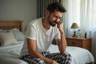 Jeune homme en lit avec douleur au visage