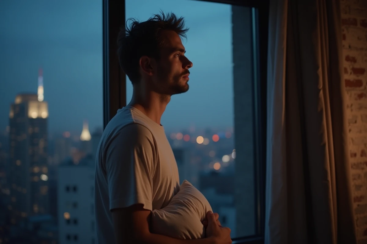 Jeune homme regardant par la fenetre la nuit