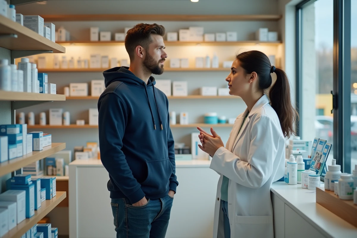 Jeune homme discutant avec une pharmacienne au comptoir d'une pharmacie moderne, illustration d'une démarche de conseil médical pour douleur dans l'aine