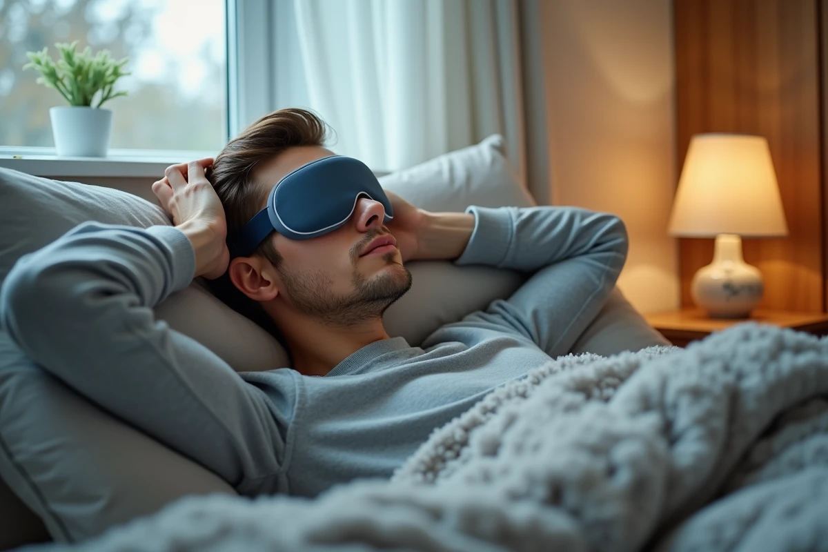Jeune homme appliquant masque migraine dans sa chambre