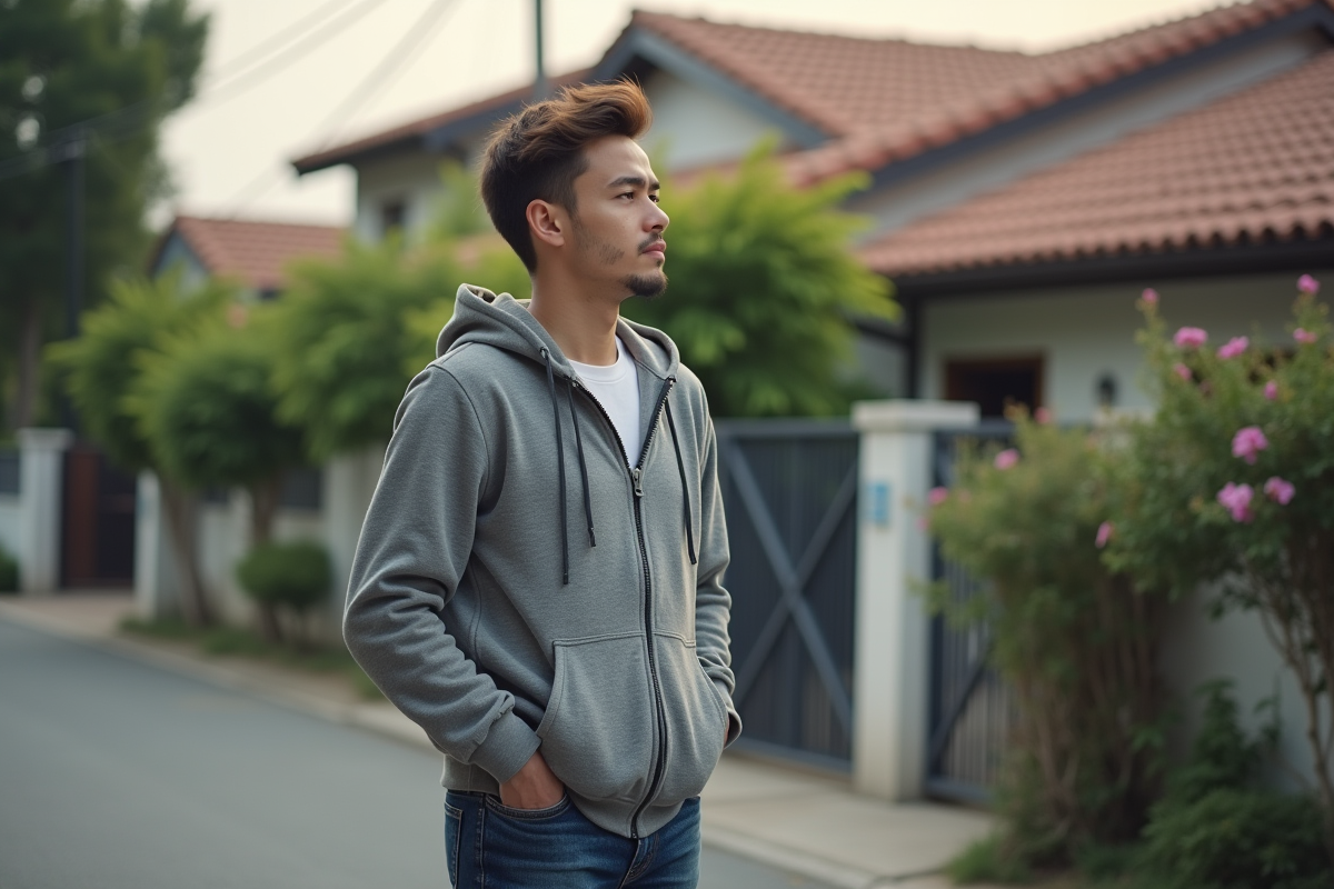 Jeune homme debout dans une rue résidentielle