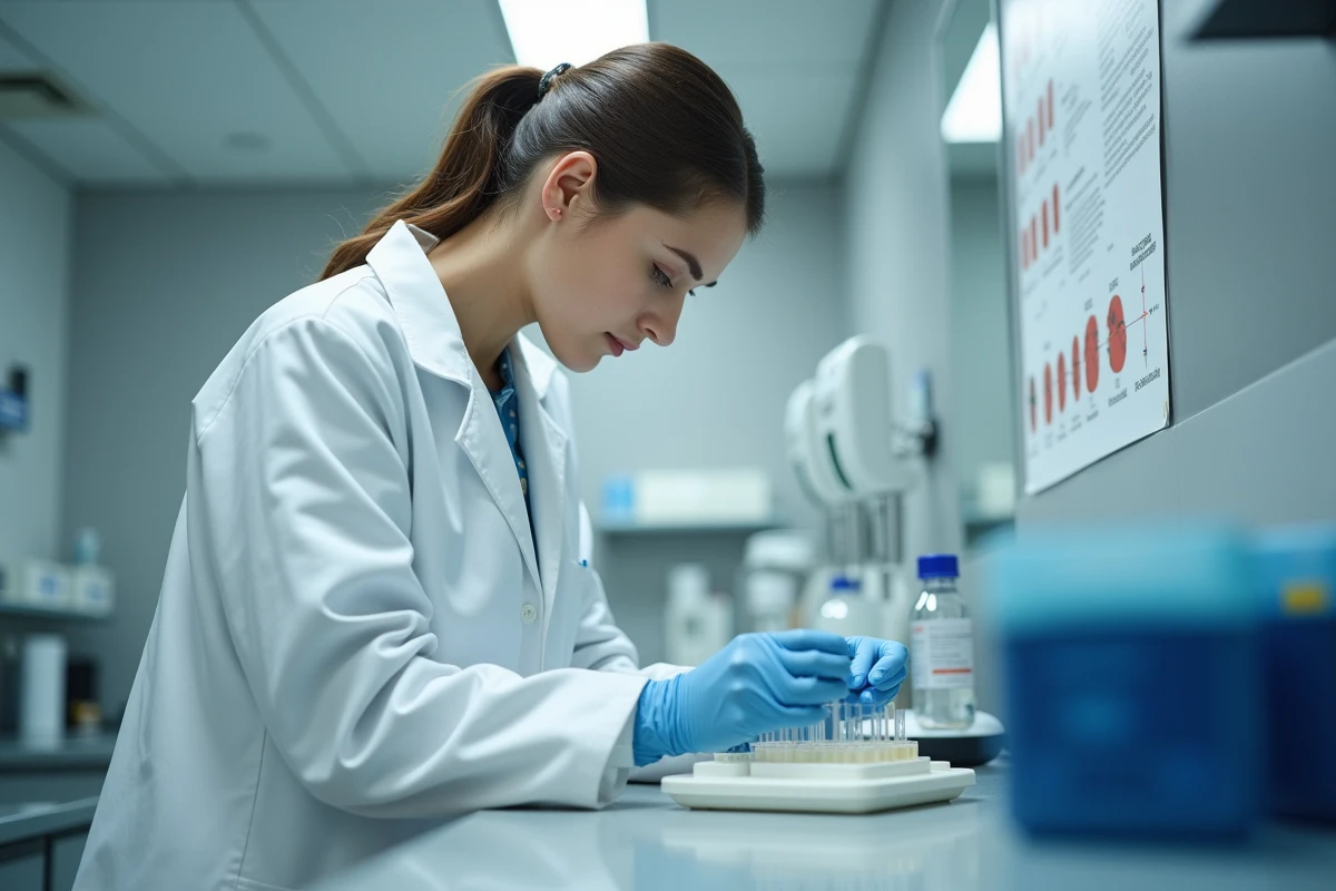 Technicienne de laboratoire examinant un échantillon