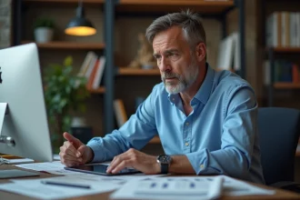 Journaliste homme en bureau moderne regardant l'écran