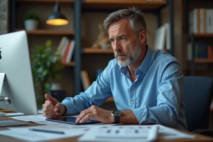 Journaliste homme en bureau moderne regardant l'écran
