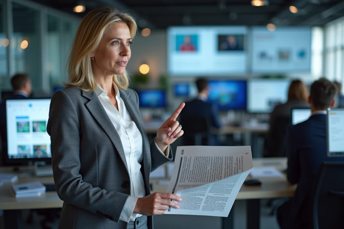 Journaliste dans une rédaction moderne analysant la propagation d'une rumeur virale sur les réseaux sociaux concernant une personnalité politique