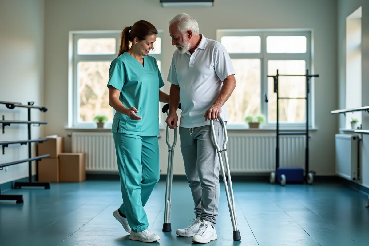 Physiothérapeute guidant un patient âgé utilisant une béquille dans un gymnase de rééducation, apprentissage de la marche avec surcharge de poids sur une jambe