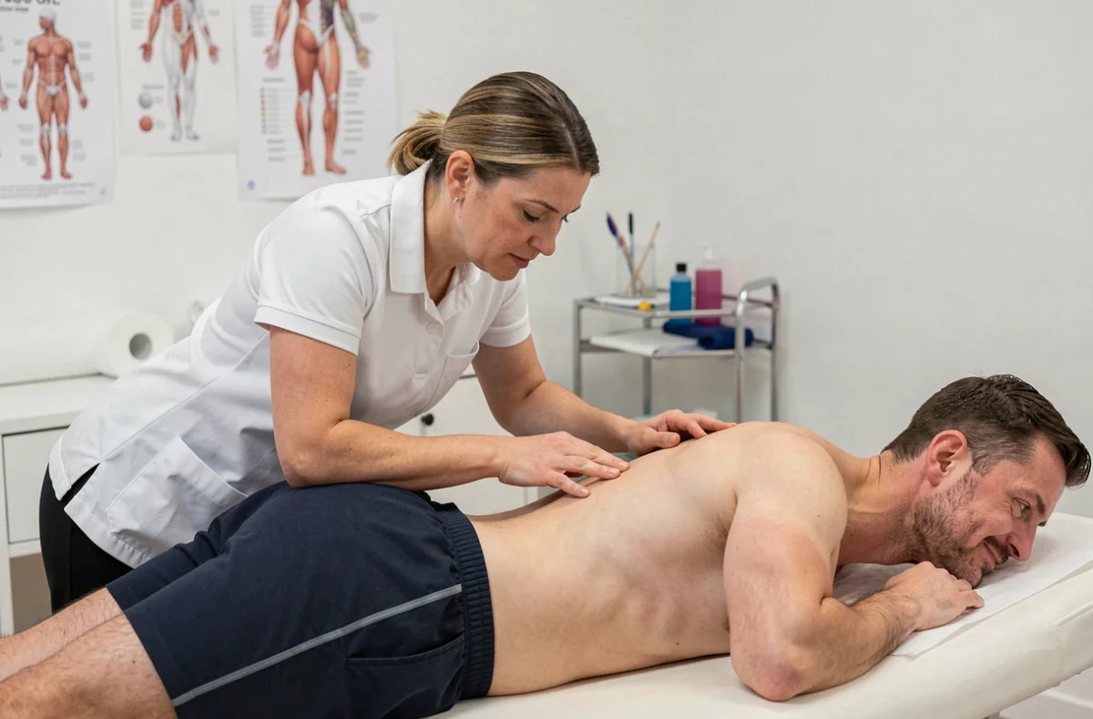 Kinésithérapeute effectuant un massage thérapeutique sur la fesse d'un patient sportif pour traiter une fessalgie