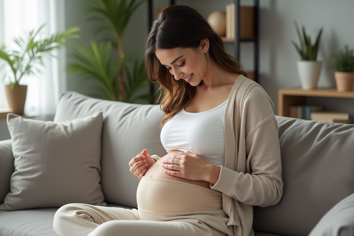 Jeune maman ajustant un bandeau postpartum sur le canapé du salon