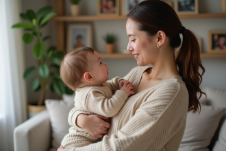 Maman souriante avec son bébé dans un salon chaleureux