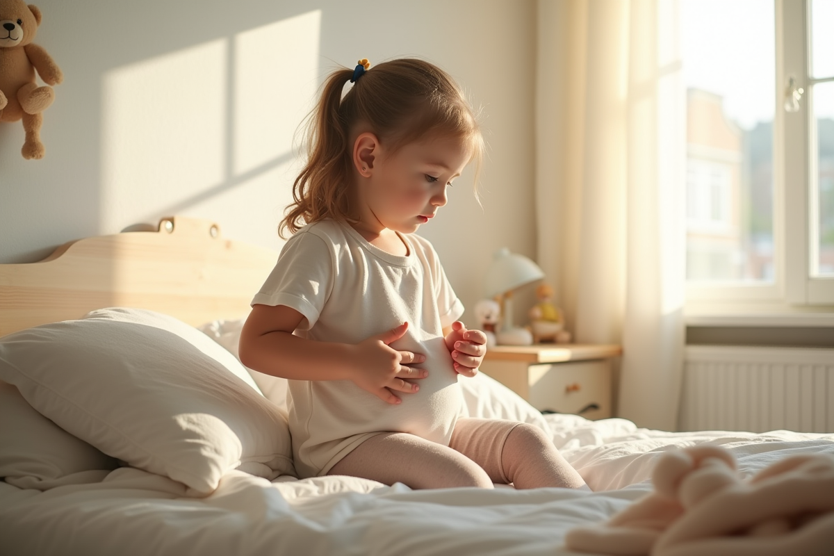 Jeune maman assise sur un lit lumineux avec son bébé