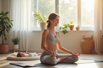 Maman souriante faisant du yoga avec bébé dans un salon lumineux