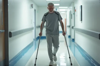 Homme d'âge moyen marchant avec une béquille dans un couloir de rééducation hospitalière, démontrant la technique de report de poids sur une jambe
