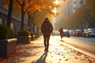 Personne marchant rapidement dans la ville en automne