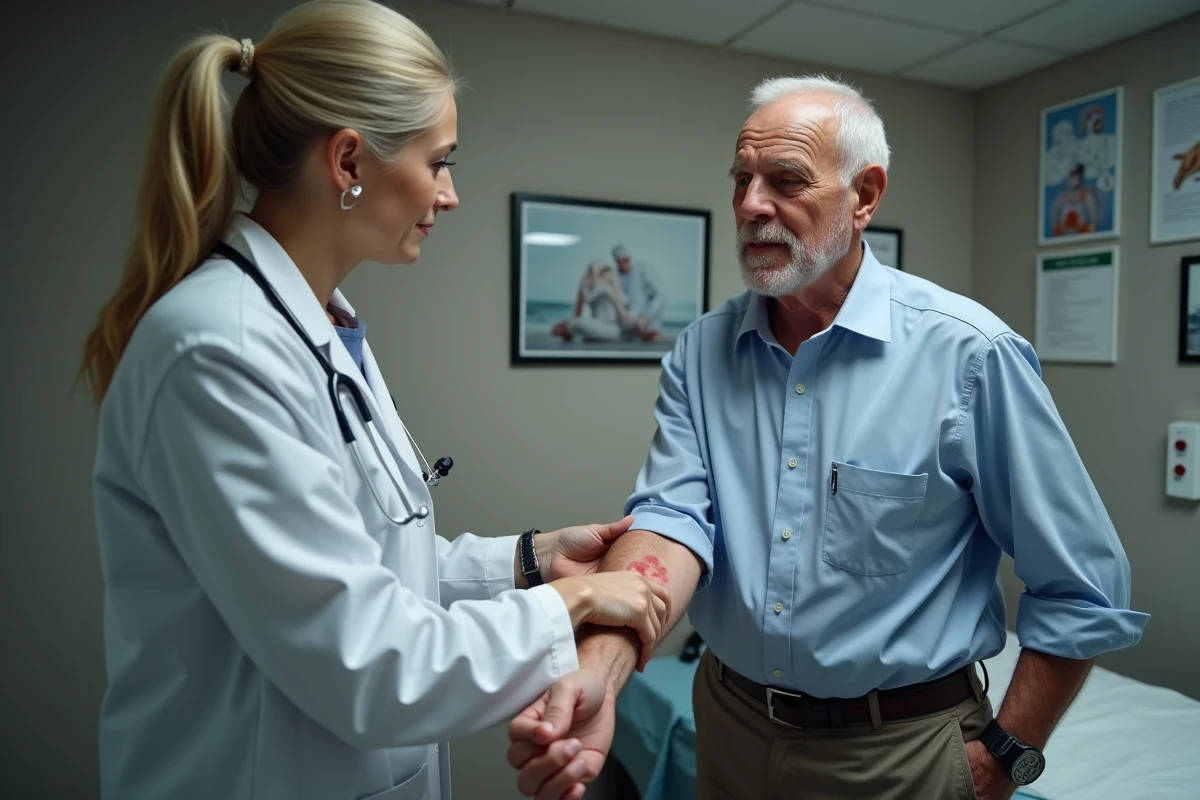 Medecin montre un patch marbre sur le bras d