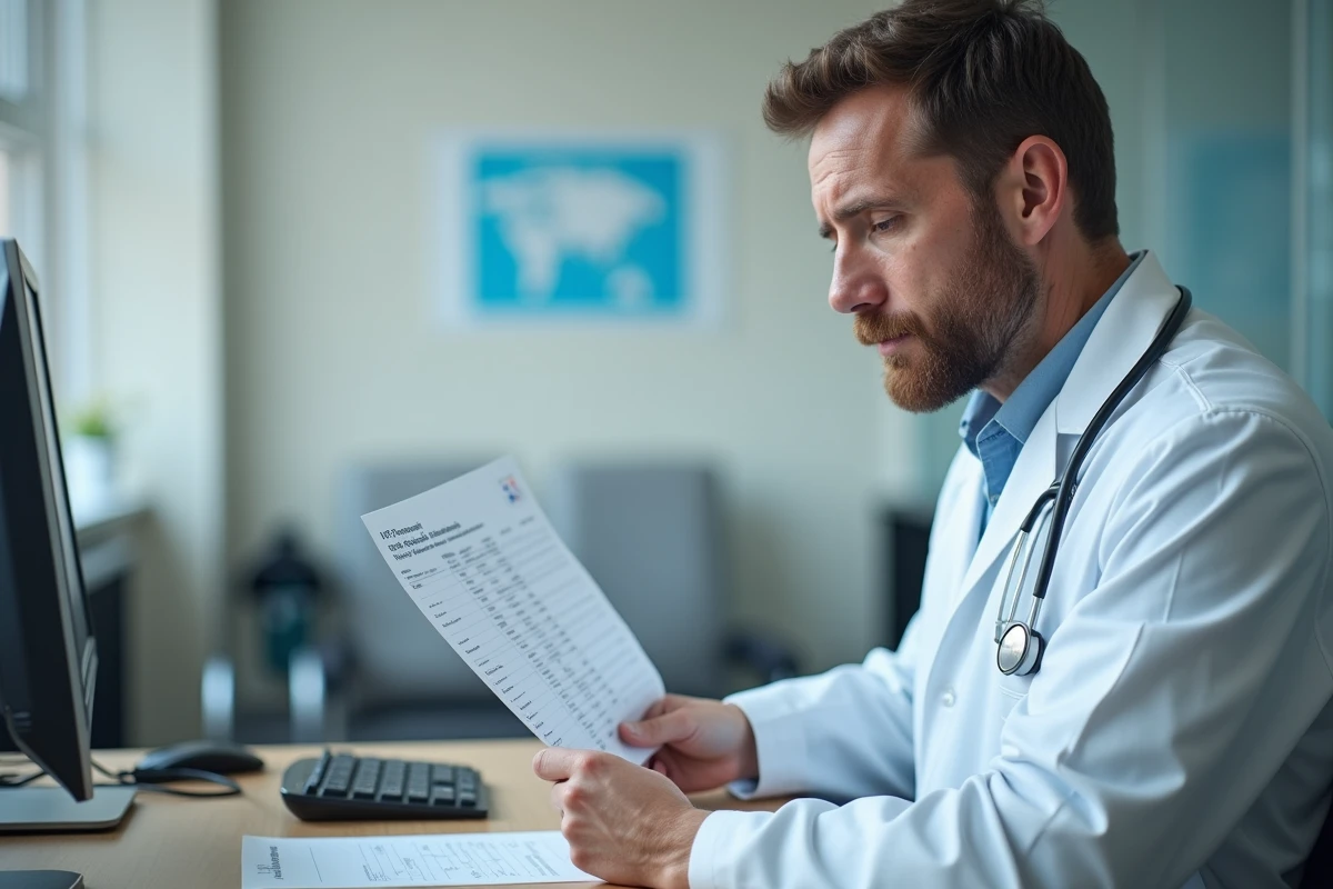 Médecin analysant des résultats de bilan hépatique avec des transaminases SGPT élevées dans un cabinet médical
