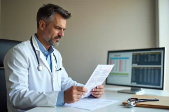 Médecin examinant des résultats d'analyse sanguine montrant un taux de gamma glutamyl transférase élevé lors d'une consultation médicale