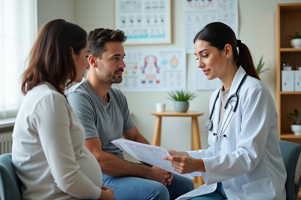 Medecin discute croissance fetale avec couple enceinte