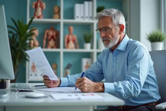 Médecin et patient examinant des résultats médicaux