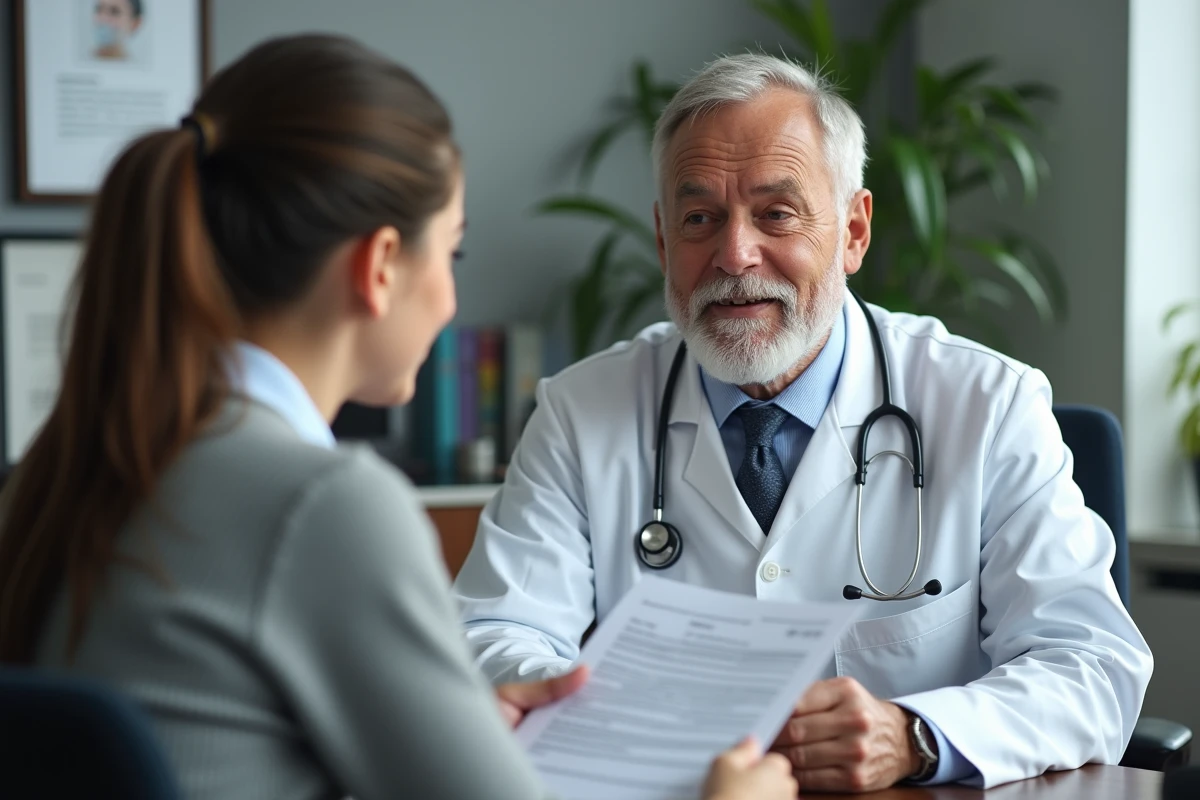 Docteur en blanc discutant avec un patient dans un cabinet