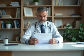 Médecin homme lisant un document ADELI dans un bureau médical