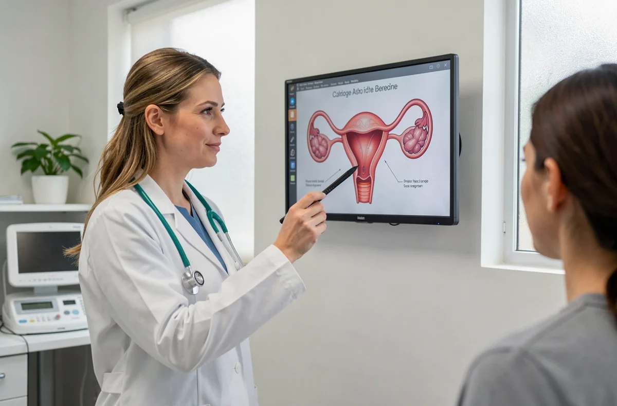 Médecin gynécologue présentant un schéma anatomique des ovaires pour expliquer les causes des kystes
