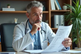 Médecin homme en blouse blanche examine résultats de tests du foie