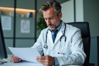 Médecin homme en blouse blanche dans un bureau médical
