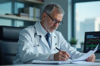 Medecin en blanc examine un dossier medical en hospital