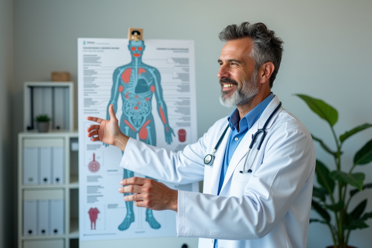 Medecin expliquant un poster du systeme immunitaire