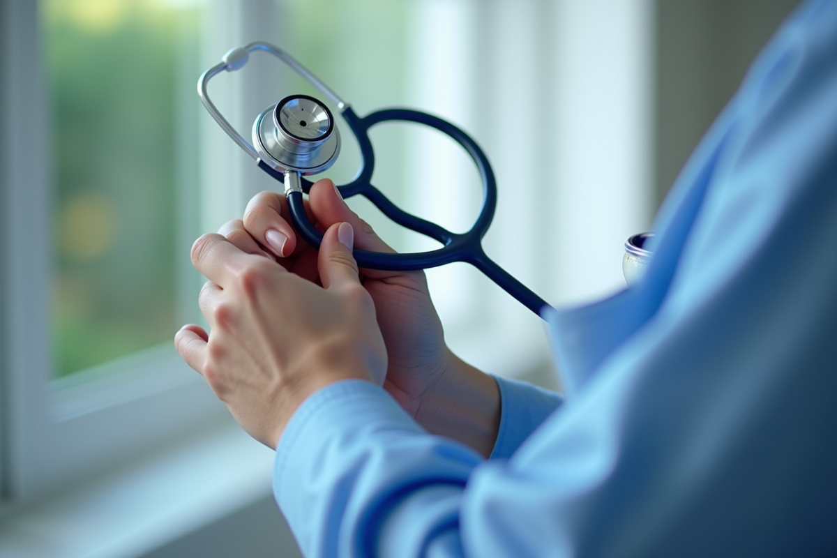 Mains d un medecin avec stethoscope sur le torse du patient