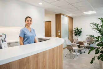 Salle d'attente moderne d'un cabinet dentaire à Strasbourg avec réceptionniste souriante