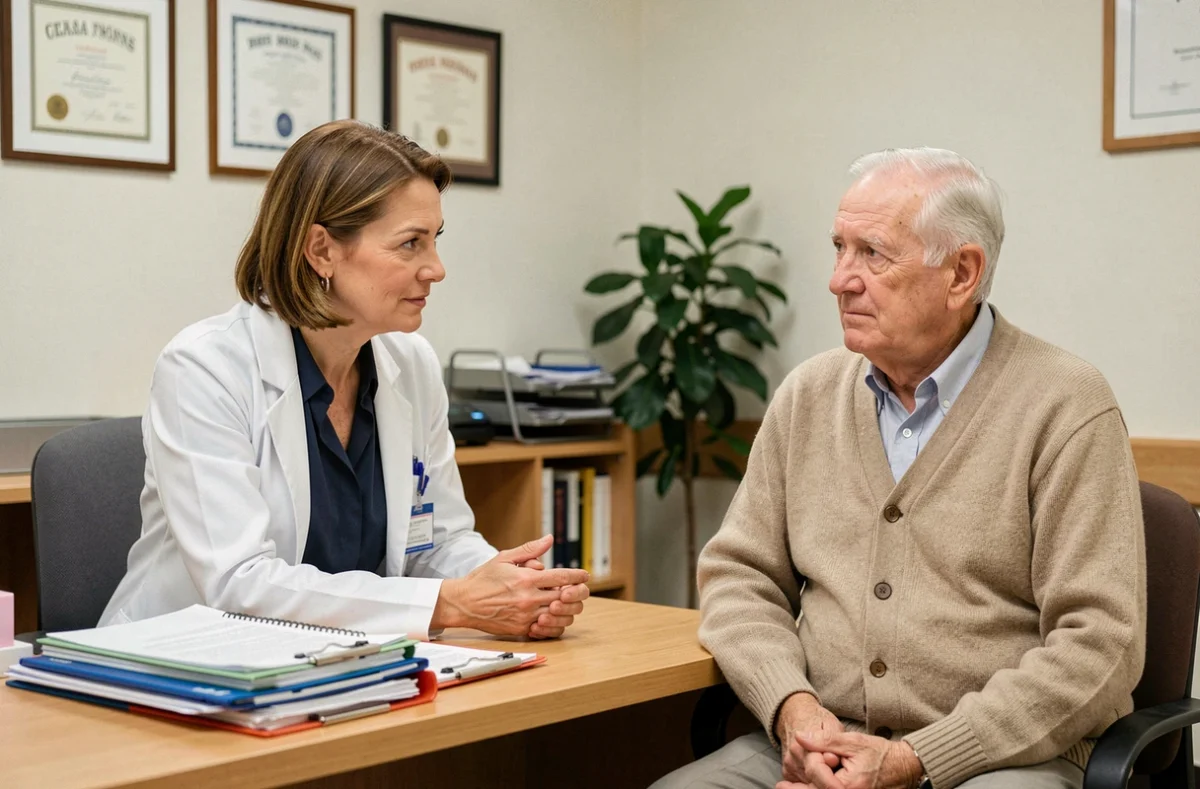 Neurologue expliquant l'anosognosie à un patient âgé lors d'une consultation médicale bienveillante