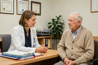 Neurologue expliquant l'anosognosie à un patient âgé lors d'une consultation médicale bienveillante