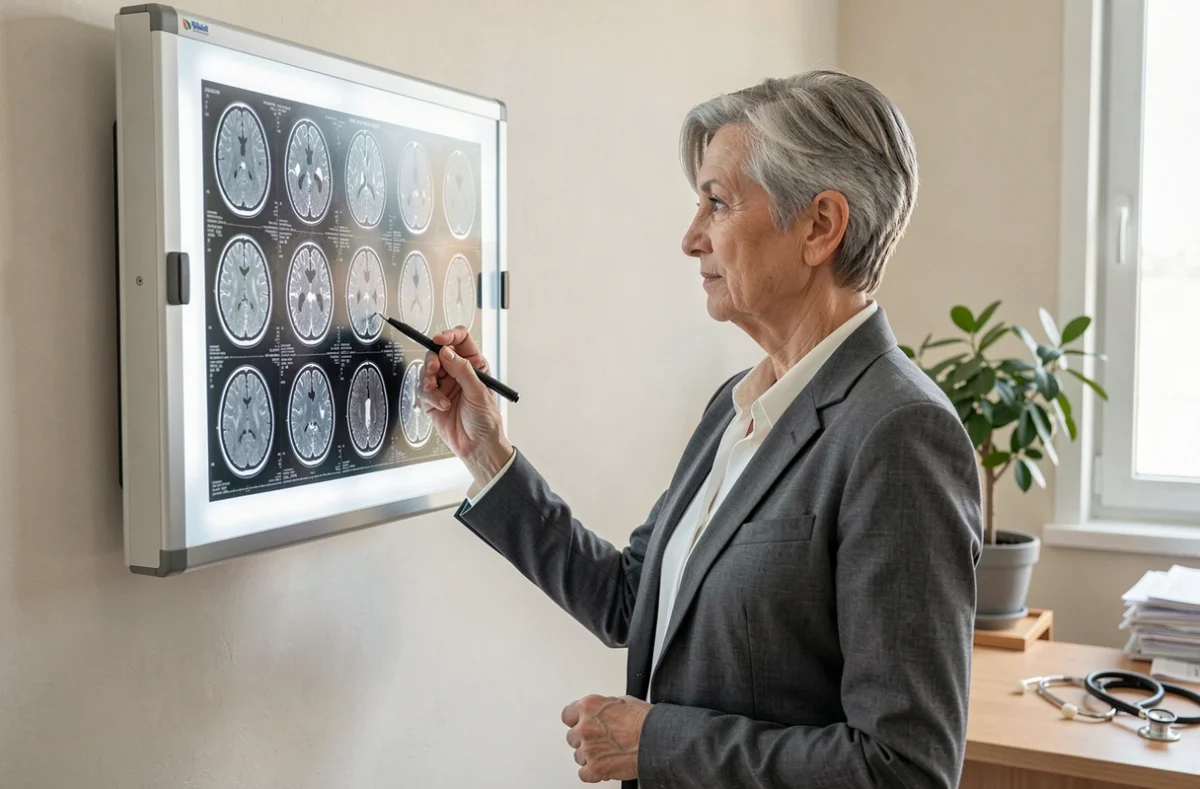 Neurologue pointant une zone d'hypersignal sur des images IRM cérébrales lors d'une consultation