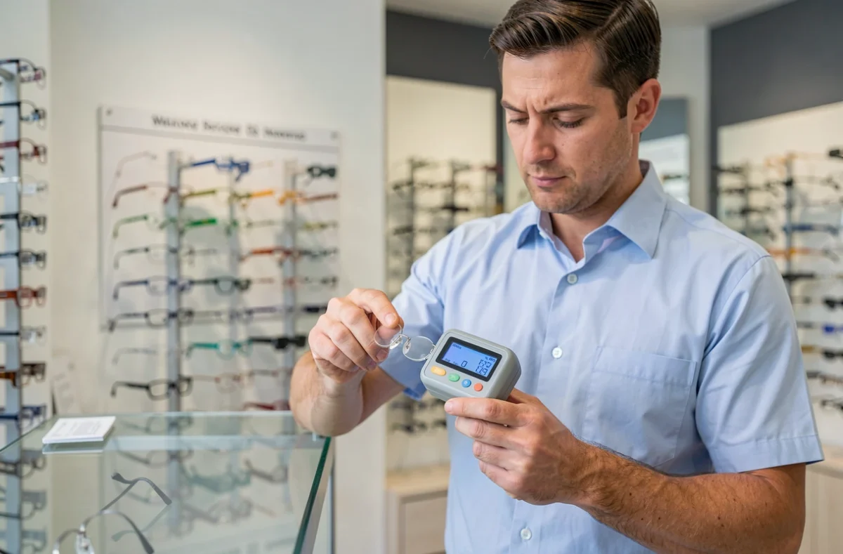 Opticien professionnel mesurant l'épaisseur de verres de lunettes avec un outil de mesure numérique en magasin d'optique