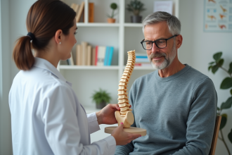 Osteopathe femme expliquant la colonne vertébrale à un patient