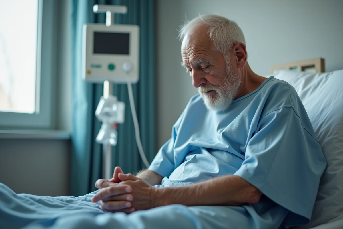 Patient âgé assis sur un lit d'hôpital réfléchissant à ses symptômes de démangeaisons persistantes avant un diagnostic de cancer