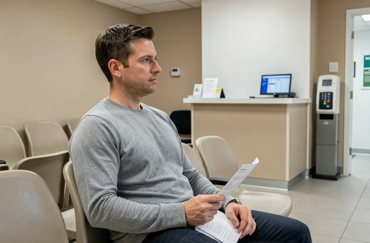 Patient adulte en salle d'attente d'un laboratoire d'analyses médicales tenant une ordonnance pour un bilan Gamma GT