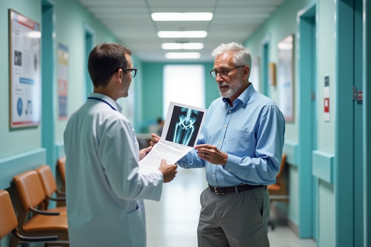 Patient consultant ses résultats d'imagerie rhumatologique avec son médecin dans un hôpital