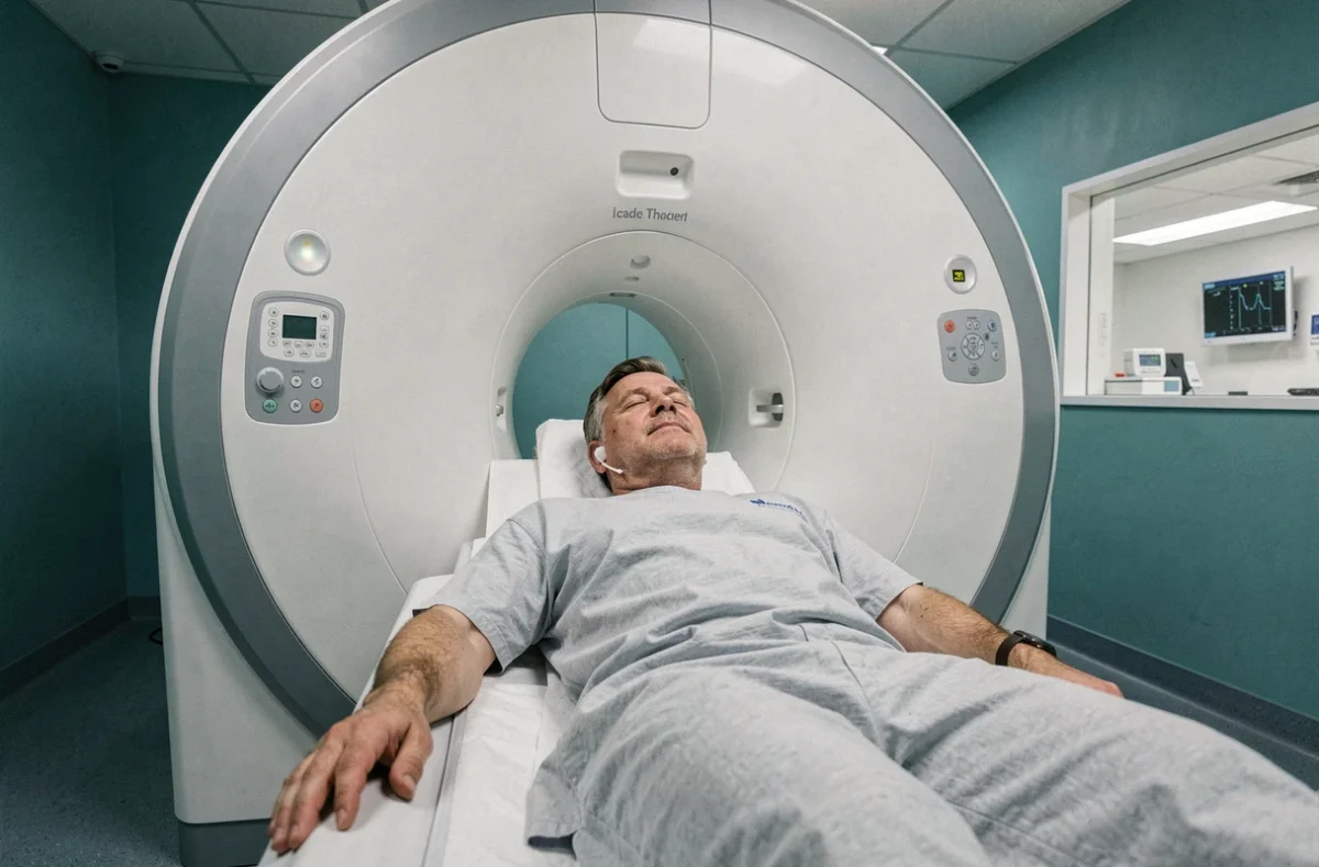 Patient allongé dans un scanner IRM cérébral dans une salle d'imagerie médicale hospitalière