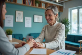 Femme souriante remettant sa carte d'assurance santé