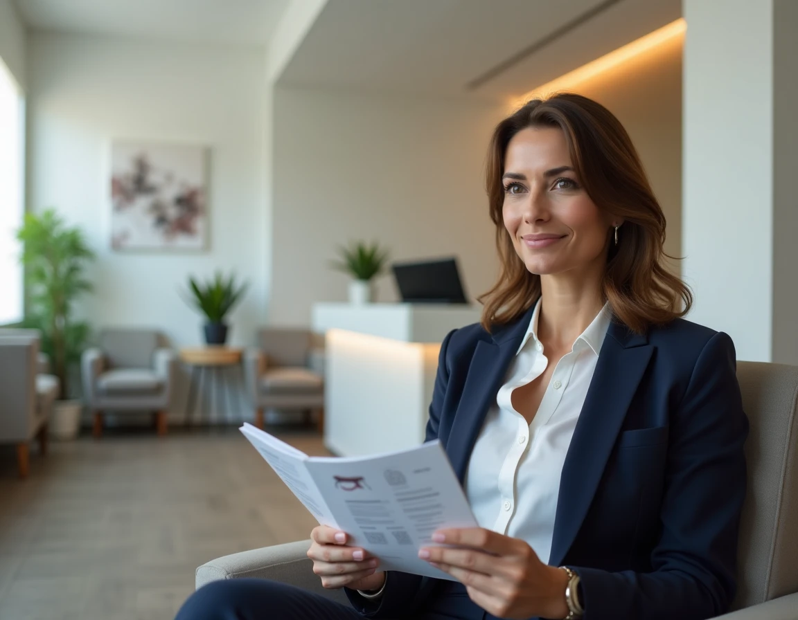 Patiente adulte lisant une brochure orthodontique dans la salle d'attente d'un cabinet dentaire The Smilist