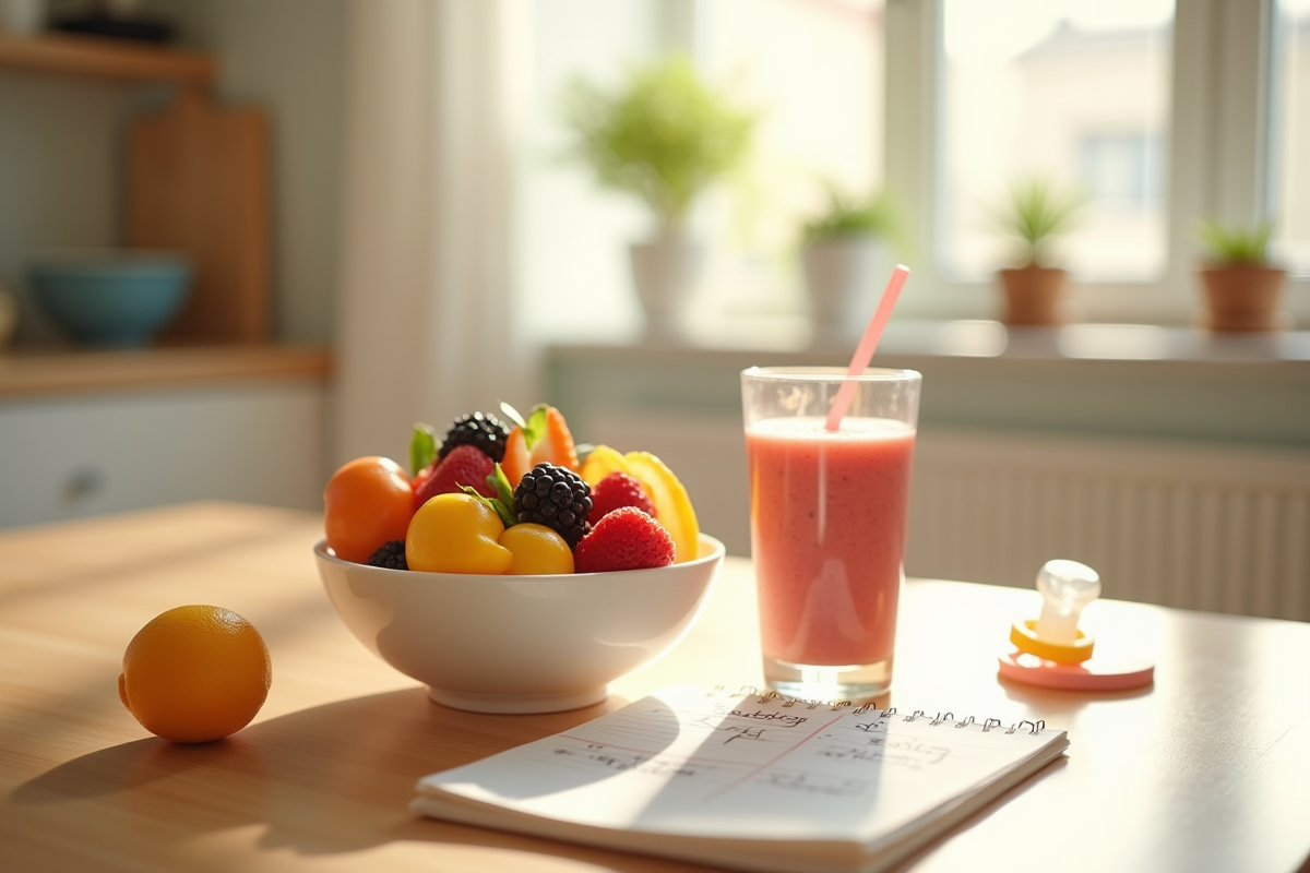 Petit déjeuner sain avec fruits et smoothie dans une cuisine lumineuse