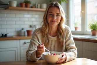 Jeune femme mangeant un bol de porridge aux fruits rouges