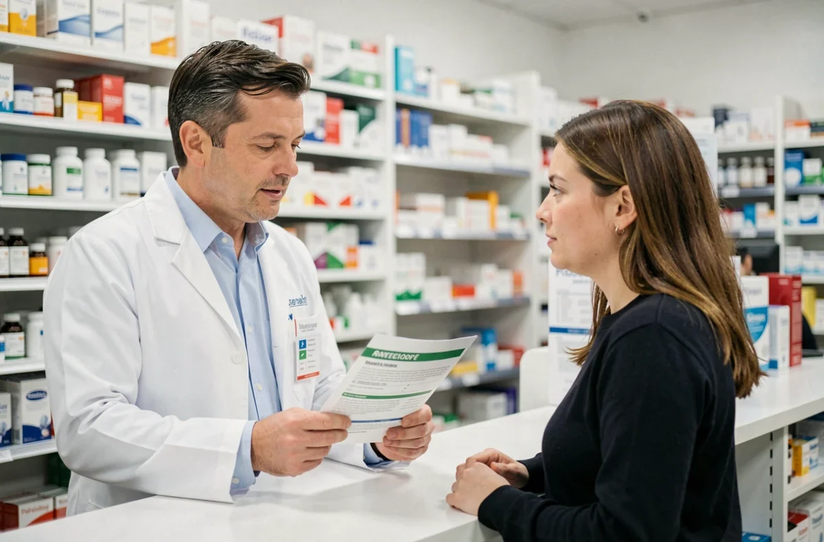 Pharmacien conseillant une patiente sur un complément alimentaire pour réguler le sucre sanguin en pharmacie