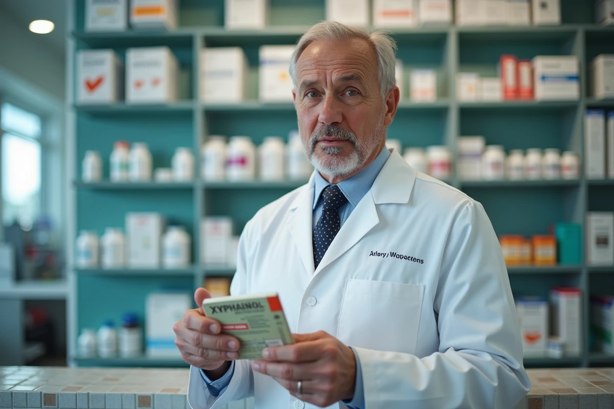 Pharmacien expliquant un médicament Xyphanol en pharmacie