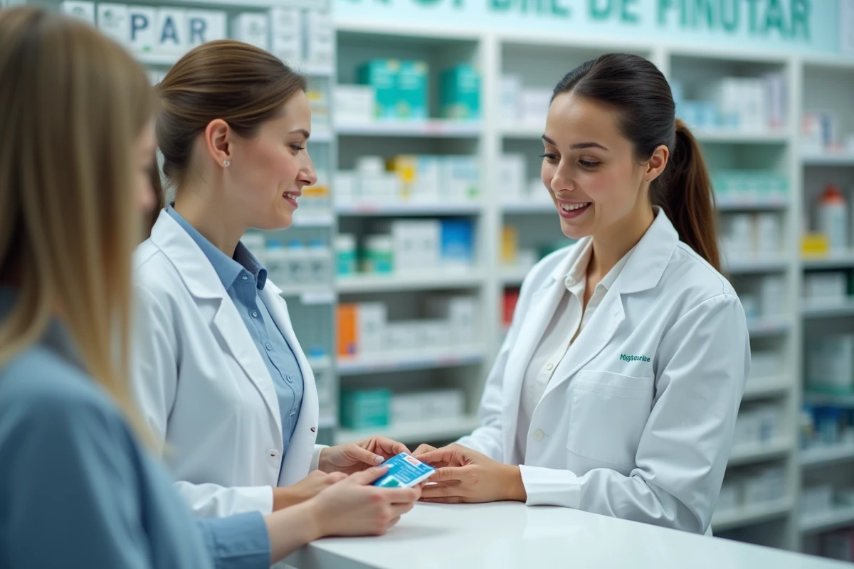 Pharmacienne en blouse blanche remettant un bonnet anti-migraine emballé à une cliente au comptoir d'une pharmacie moderne