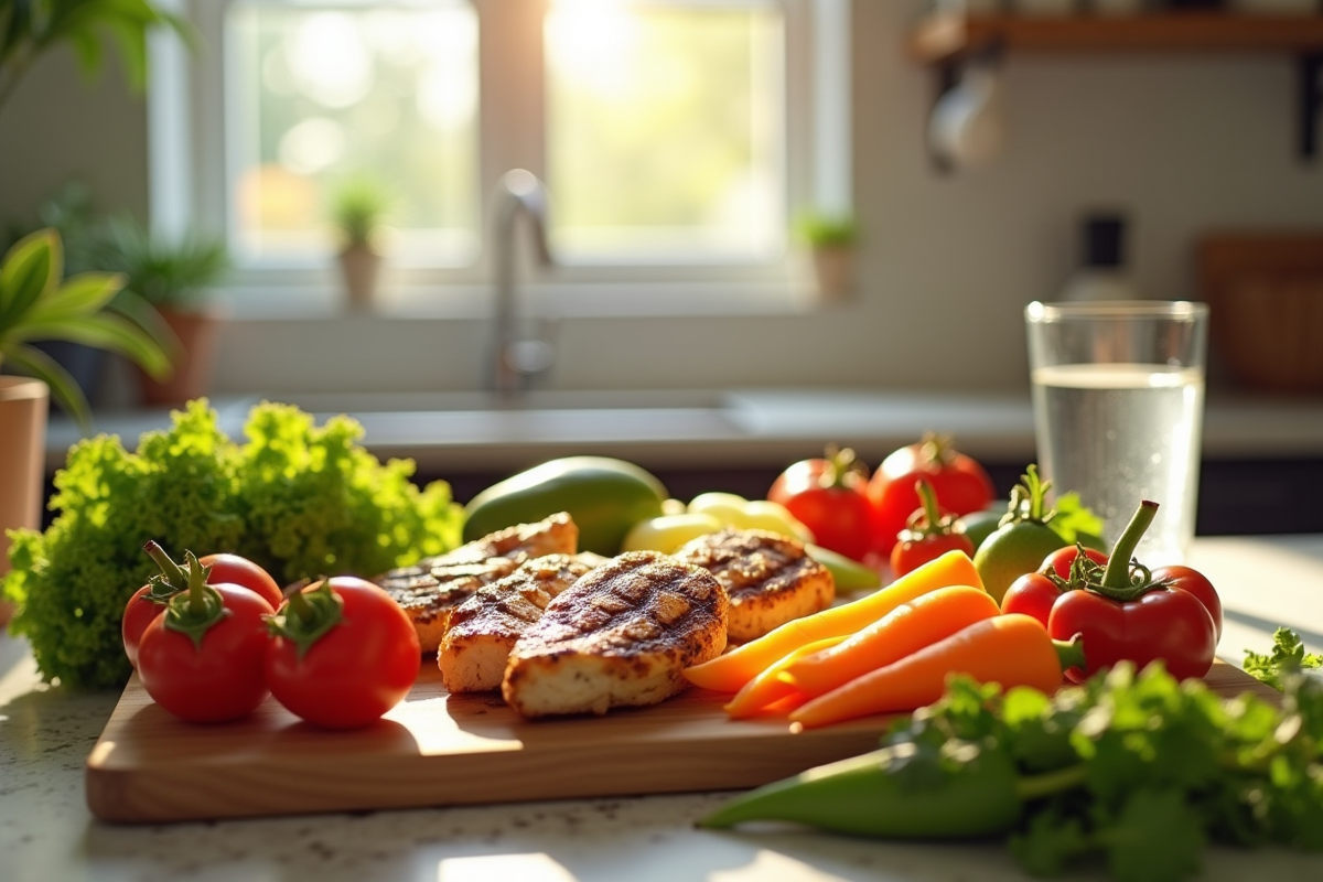 Préparation d un repas sain avec légumes frais et poulet grillé