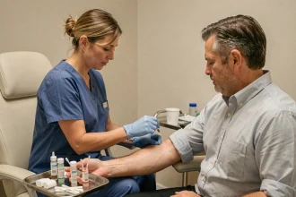 Infirmière réalisant une prise de sang pour un bilan de Gamma GT sur un patient adulte dans un cabinet médical moderne
