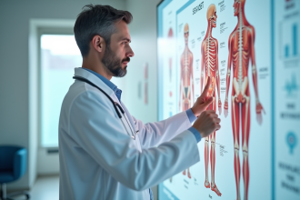 Professionnel de santé pointant un poster anatomique humain